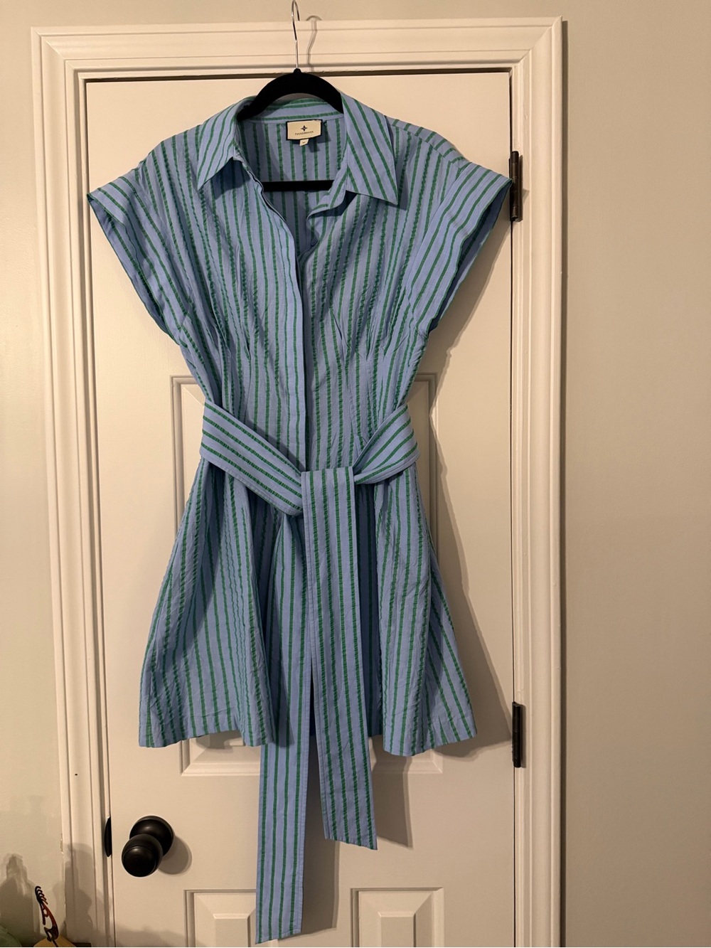 Tuckernuck Light Blue Striped Midi Shirt Dress with Tie Belt